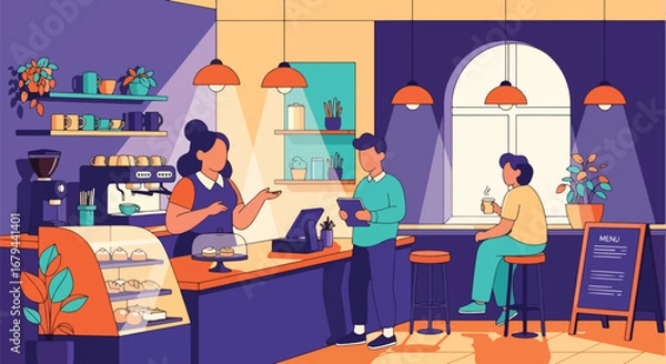 Fototapeta Flat illustration of people enjoying drinks and pastries in a stylish coffee shop with barista service, showcasing social interaction, lifestyle, and modern café culture