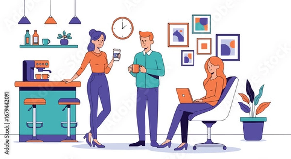 Fototapeta Flat illustration of colleagues talking and working in a modern office coffee corner with a laptop and espresso machine, showing teamwork, networking, and workplace collaboration