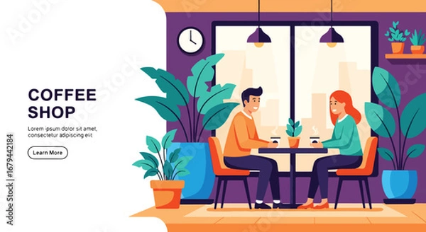 Fototapeta Landing page Flat illustration of a couple enjoying coffee together at a cozy coffee shop table, highlighting conversation, relaxation, and social connection in a modern café interior