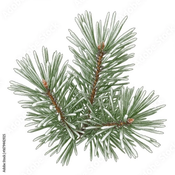 Fototapeta Close up of Green Pine Branch with Snowy Tips on White Background