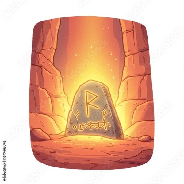 Fototapeta Glowing Rune Stone in Cave with Orange Light and Pixel Art Style