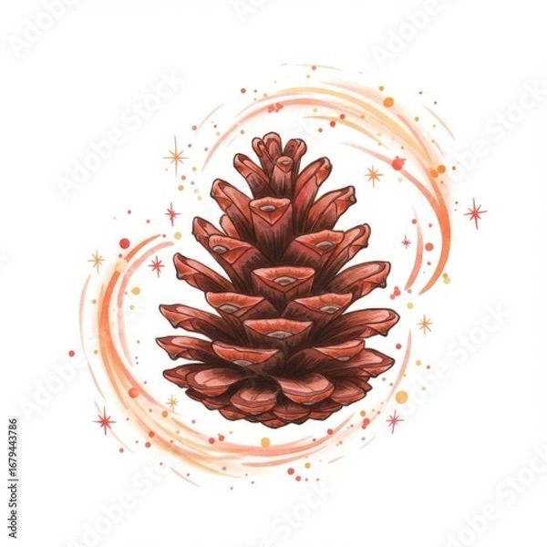 Fototapeta Illustration of Brown Pinecone Surrounded by Sparkly Orange Swirls on White Background