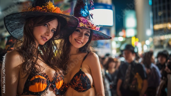 Fototapeta ハロウィンパーティーを夜の街で楽しむ女性