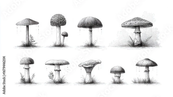 Fototapeta Detailed pencil sketches of various mushroom types, each with a stem and cap, showcasing intricate details and textures. Each mushroom sits in grass, with water droplets