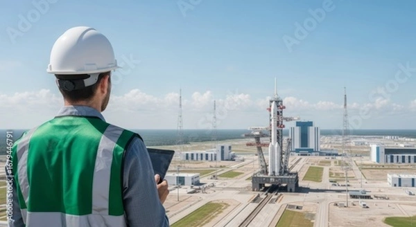 Fototapeta Engineer in safety vest observing space launch facility