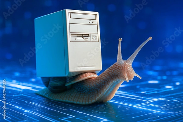 Fototapeta A snail carrying an old desktop computer on its back against a background of a digital circuit board symbolizes slow technology or outdated systems. Slow CPU.