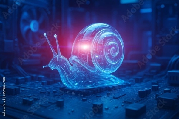Fototapeta Transparent glowing cyborg snail with internal circuitry, futuristic style, on dark computer motherboard, symbolizing slow technology or system lag. Slow CPU concept