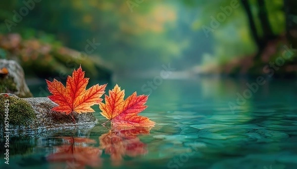 Fototapeta Two vibrant autumn leaves rest on a rock, mirroring in a tranquil stream