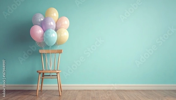Obraz Pastel balloons hovering above a wooden chair against a mint-green wall in a simple room