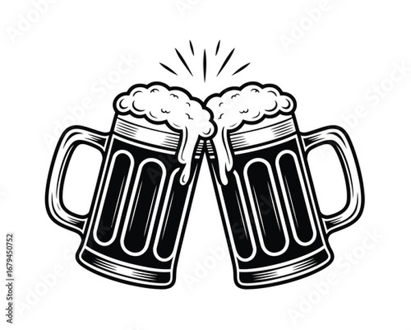 Fototapeta Cheers! Two frothy mugs of beer clinking together in a celebratory toast, captured in a striking black and white vector illustration