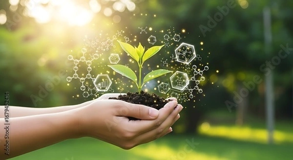 Fototapeta Hands holding a small plant with glowing molecules and light