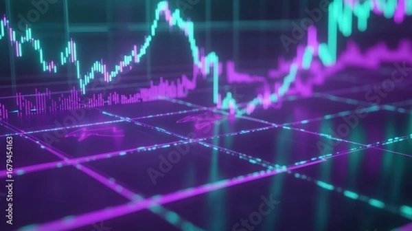 Fototapeta Glowing stock market chart on a grid, depicting financial data analysis and investment trends in a modern, futuristic style