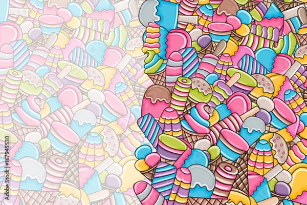 Fototapeta Ice cream cartoon doodle design. Cute background concept for party greeting card,  decoration, advertisement, banner, flyer, brochure. Hand drawn vector illustration. 