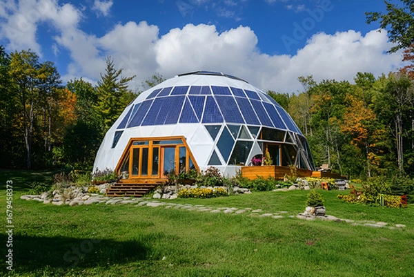 Obraz A geodesic dome home with solar panels.
