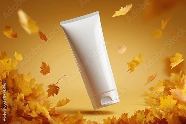 Fototapeta Empty white cosmetic tube mockup on autumn leaves, autumn setting, top view