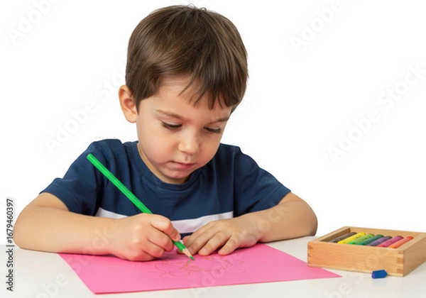 Fototapeta Young boy engaged in drawing and creativity with colorful pencils transparent background