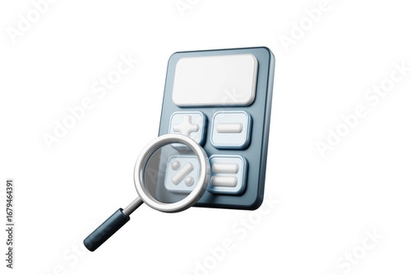 Obraz 3D rendering of magnifying glass looking at calculator business investment concept.