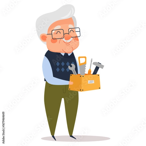 Fototapeta Vector illustration of a smiling elderly man holding a toolbox with repair tools. Senior male character, symbol of handyman, repair, DIY and active lifestyle in old age