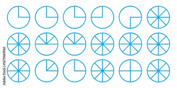 Fototapeta Collection of blue outline circles divided into various fractions and segments representing mathematical concepts