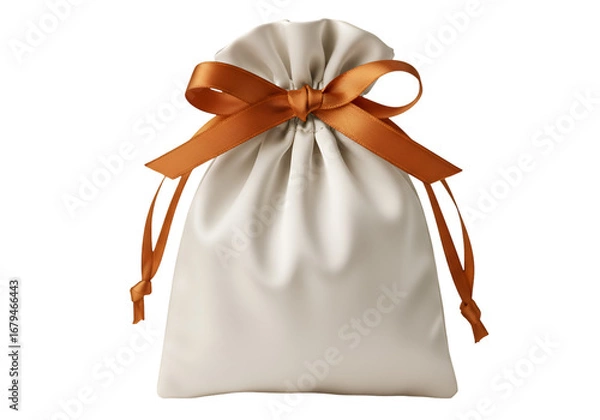 Fototapeta Elegant beige drawstring pouch with brown ribbon isolated on transparent background