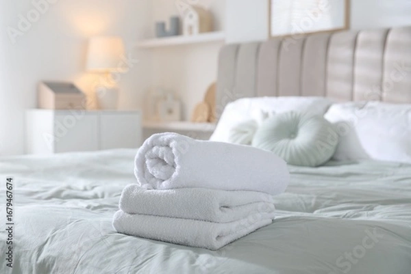 Fototapeta Stack of clean towels on bed linens at home