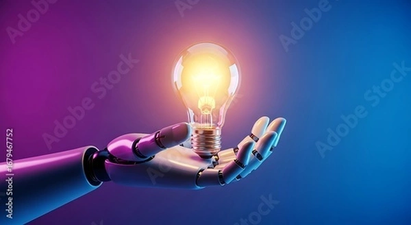 Fototapeta Robot hand holding a glowing light bulb with a vibrant purple and blue background