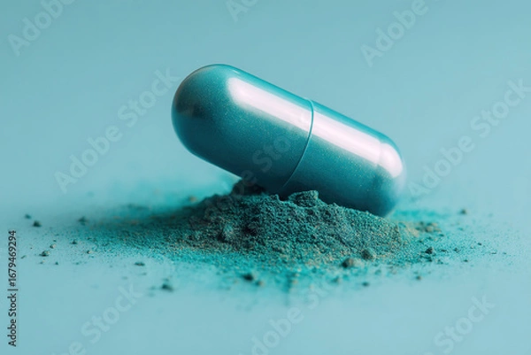 Fototapeta Close-up of a blue capsule resting on a small pile of blue powder on a matching backdrop, promoting health or supplements.