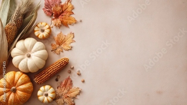 Fototapeta Autumnal pumpkins, corn, and leaves border a beige backdrop, ideal for text overlay
