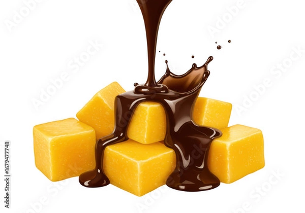 Obraz Delicious caramel cubes drizzled with rich dark chocolate syrup in a studio shot transparent background