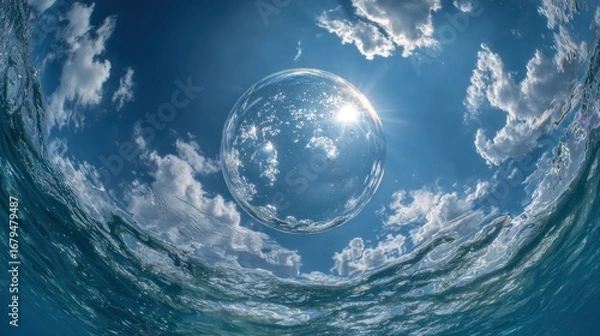 Fototapeta Underwater view of a large sphere reflecting the sky