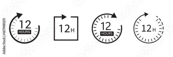 Fototapeta 12 Hours clock icon concept, simple flat design. Clipart vecot in black colors