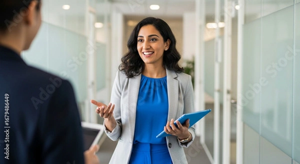 Fototapeta A confident businesswoman discusses a project with a colleague in a modern office a perfect image of professional leadership corporate communication and teamwork