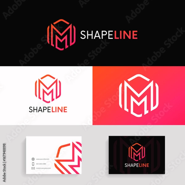 Fototapeta Minimalistic M letter hexagon logo sign linear design.