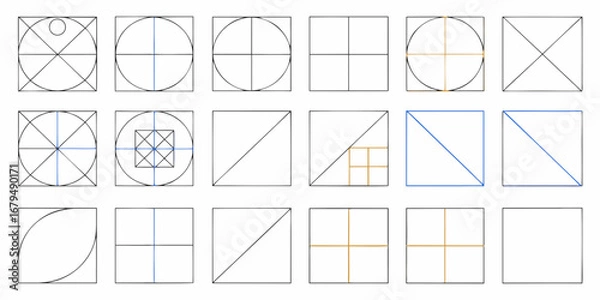 Fototapeta Collection of geometric designs featuring squares circles and lines demonstrating mathematical concepts