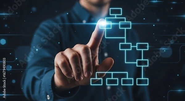 Fototapeta Human interaction with digital flowchart highlighting business processes and artificial intelligence implementation for modern solutions