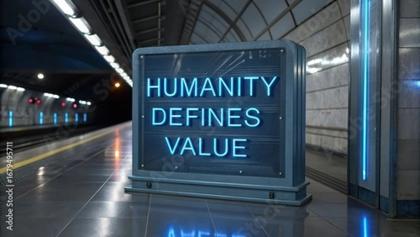 Fototapeta Neon Sign on Subway Platform Shows Humanity Defines Value Message