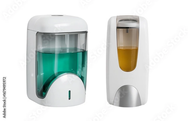 Fototapeta Modern soap dispenser design for stylish bathrooms, promoting hygiene and cleanliness, sleek white containers showcasing vibrant liquid soaps