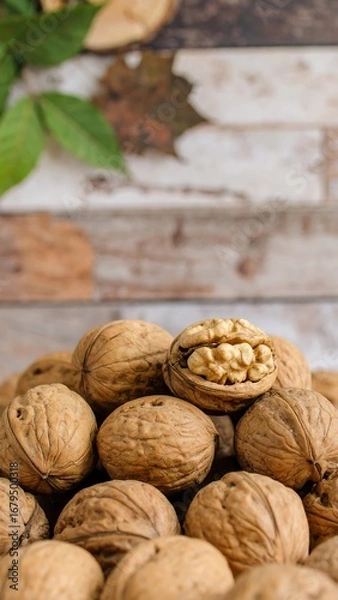 Fototapeta Close-up view of a pile of walnuts, showcasing their rich brown hues and textured shells, with one walnut cracked open to reveal the light-colored kernel inside.