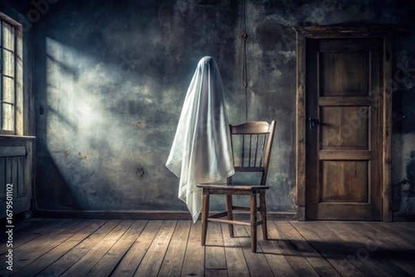 Obraz Realistic ghost floating above old wooden chair