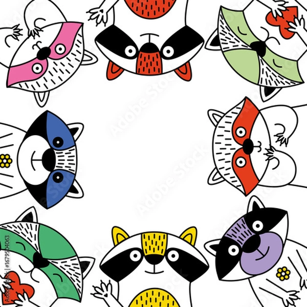Fototapeta Cute cartoon raccoons creating a decorative frame on white background.