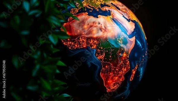 Fototapeta Global earth africa map with city lights and green leaves stock photo image