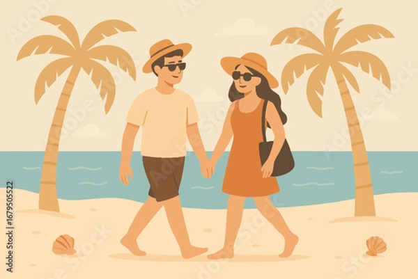 Fototapeta man and woman  walking together on a tropical island with coconut trees, clear sea, and seashells