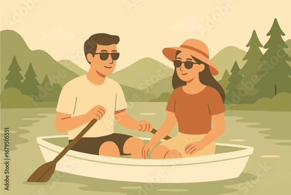 Fototapeta man and woman character enjoying a boat ride on a calm lake or river