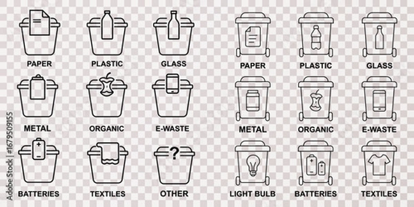 Fototapeta Set of 18 recycling bin icons for waste sorting in minimalist outline style – clean vector pack for eco education and signage