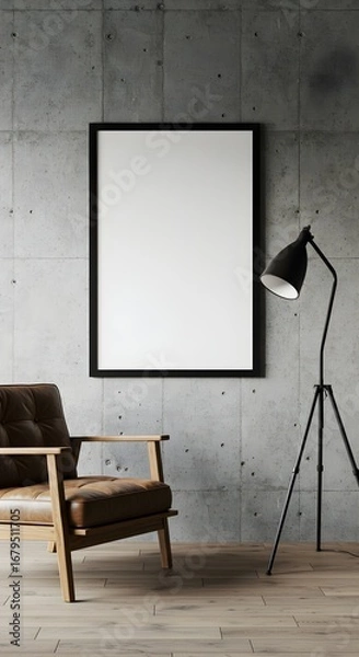 Obraz Urban Loft Mockup Blank Vertical Poster on Raw Concrete with MidCentury Armchair and Lamp.