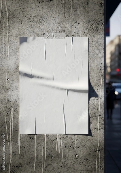 Fototapeta Blank Wrinkled Poster Mockup Glued to a Gritty Stained Urban Concrete Wall.