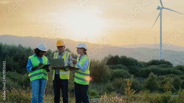 Fototapeta Group of three mixed-raced workers standing in field. Wind energy production concept. People in uniforms and safety helmets communicating with each other about building new wind turbine.