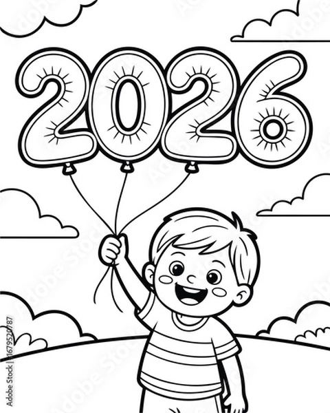 Fototapeta Coloring page boy with 2026 balloons for new year celebration
