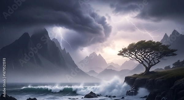 Obraz Stormy Mountain Ocean Landscape with Lone Tree.