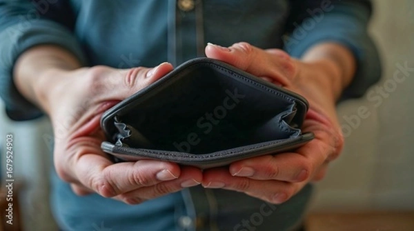 Obraz Empty wallet held by person with hands in close-up view  